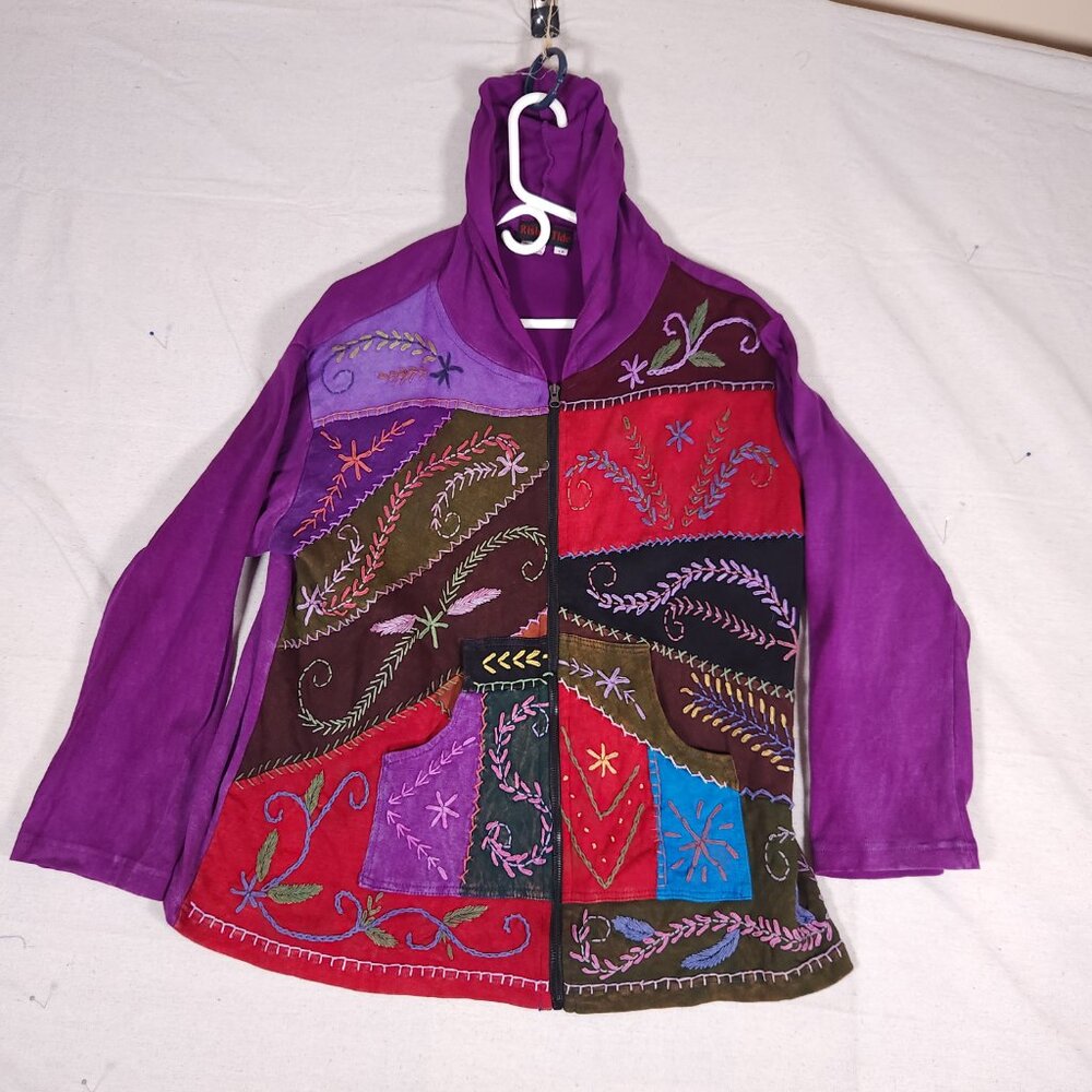 Rising Tide Purple Patchwork Embroidered Zip Up Jacket Hoodie Womens 1X Boho